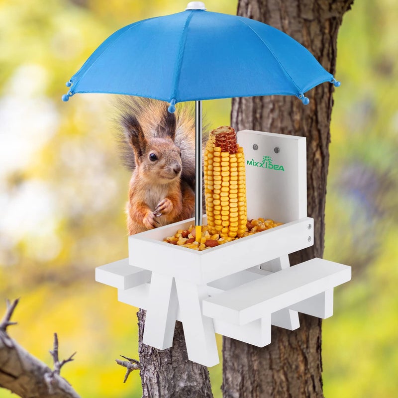 MIXXIDEA Squirrel Feeder Table with Umbrella, Wooden Squirrel Picnic Table Feeder, Durable Squirrel Feeder Corn Cob Holder, with Solid Structure and 2 x Thick Benches(White&Blue) - Image 5